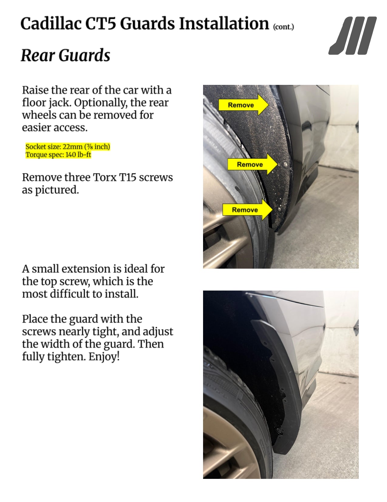 Instructions for Cadillac CT5 Guards Installation with text and images of car fenders.