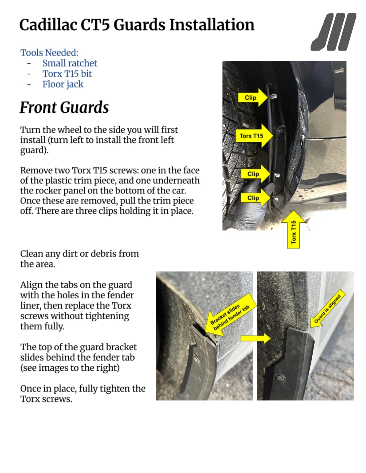 Instructions for Cadillac CT5 Guards Installation with text and images of car parts.
